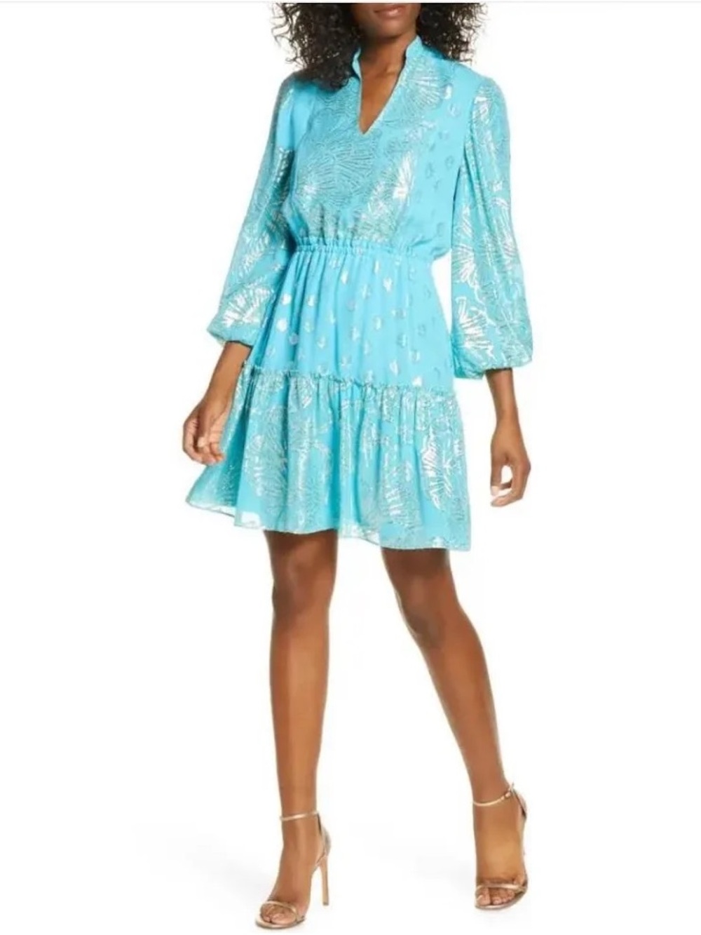 NWT Lilly Pulitzer Joella Silk Dress Bermuda Blue Metallic Chiffon 10